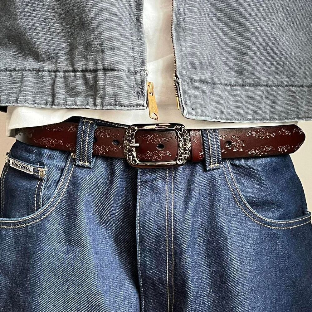 y2k style brown american western floral design belt